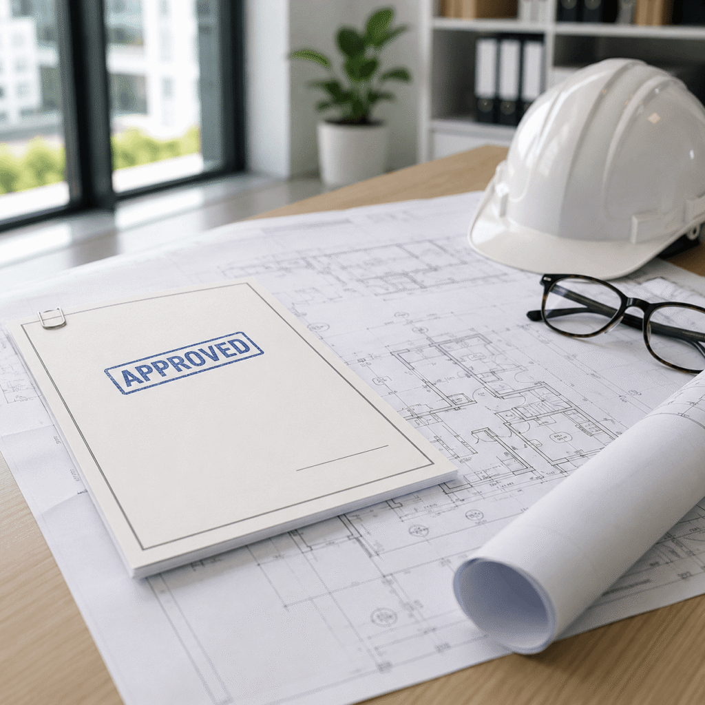 Approved building permit document and architectural plans representing nationwide permit expediting and contractor licensing services.