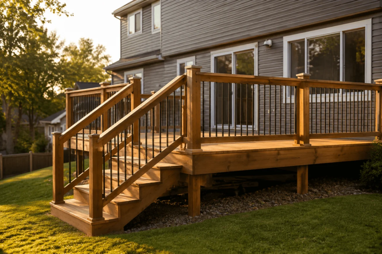 Elevated wood deck attached to a two-story home with guard railing and stairs — the configuration that requires a building permit in every jurisdiction on this page