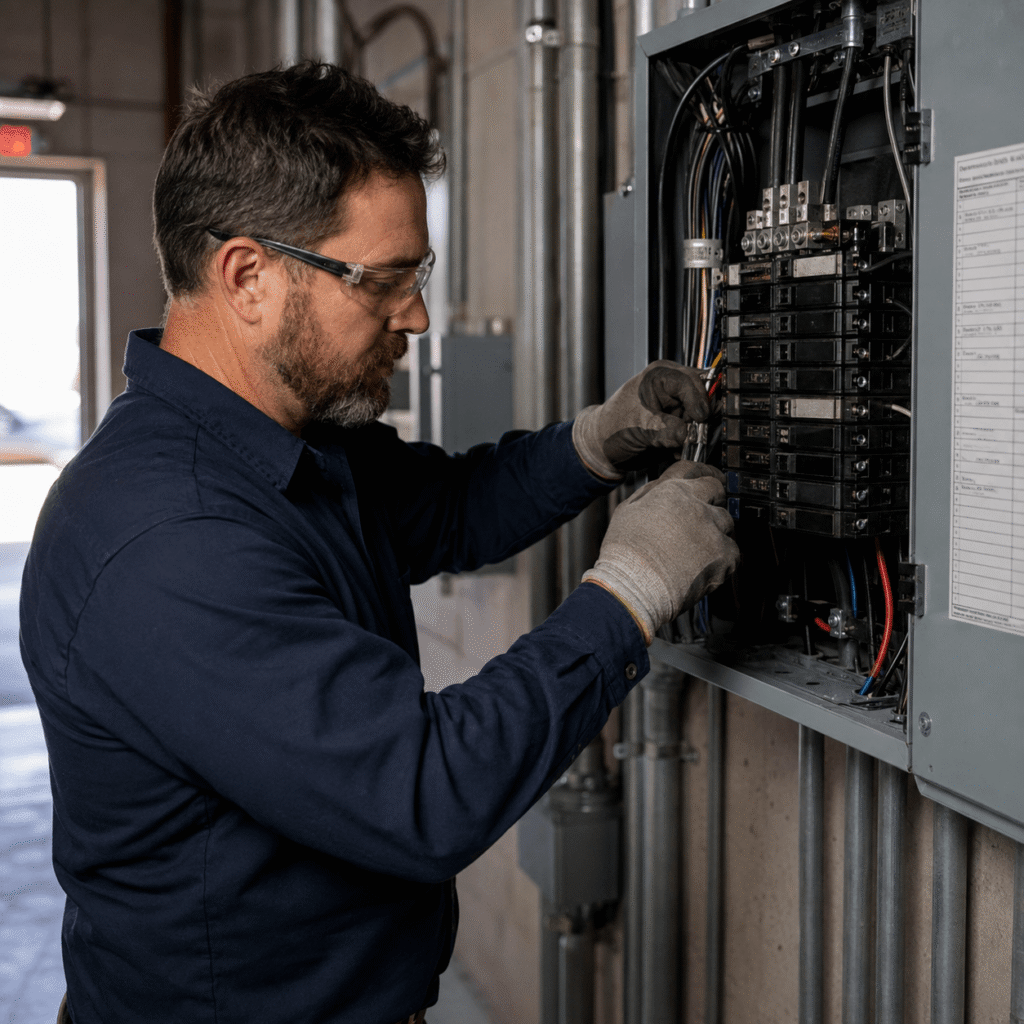 Licensed electrical contractor installing a commercial electrical panel