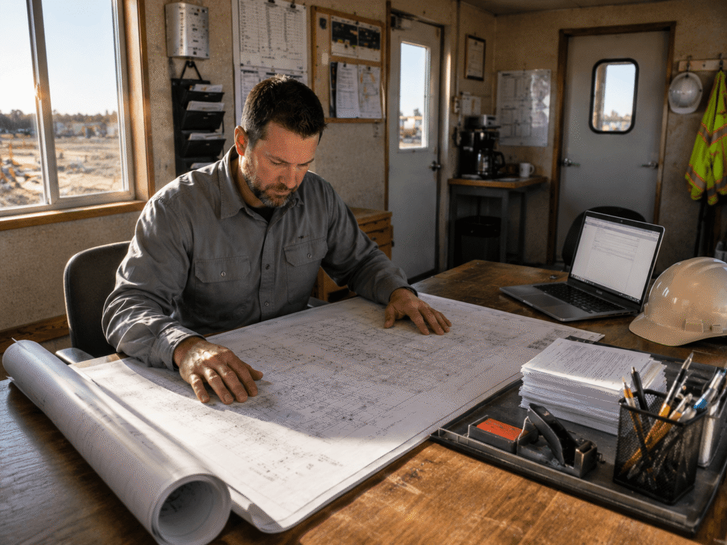 Electrical contractor reviewing state licensing paperwork and electrical plans