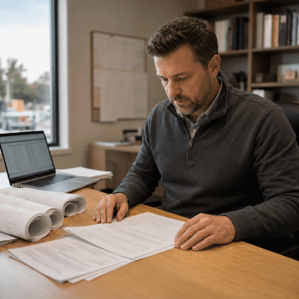 Contractor reviewing state general contractor license application documents