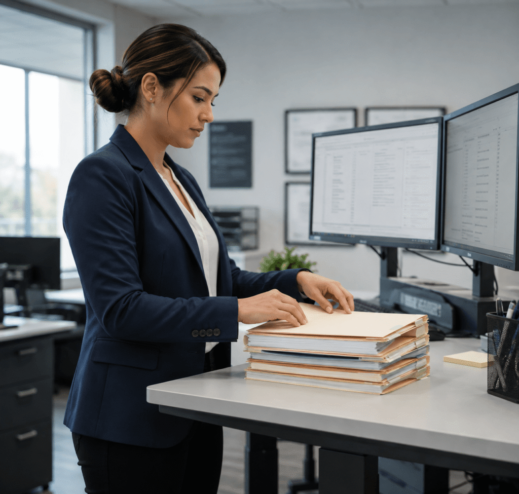 Licensing specialist preparing a contractor license application package